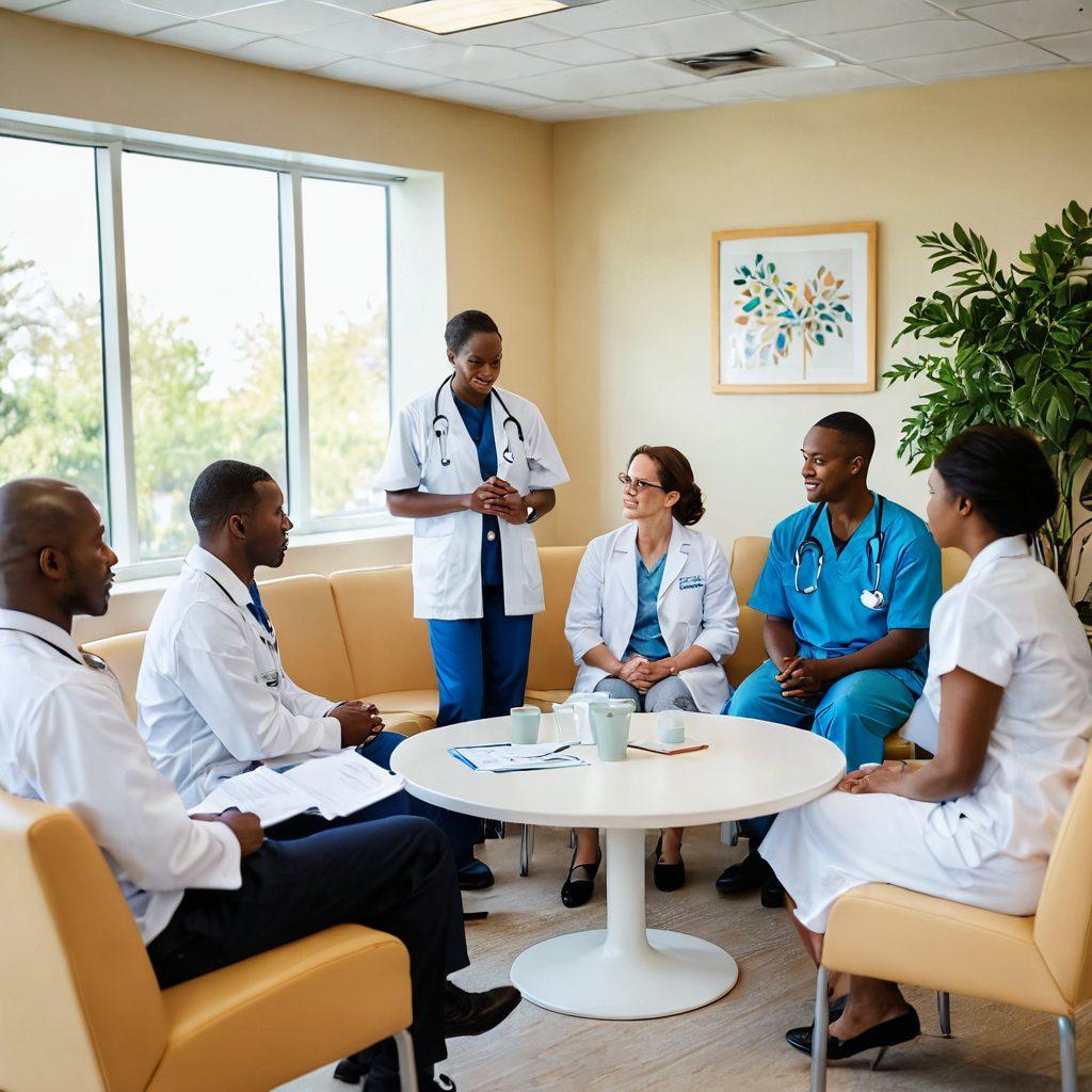 A serene and supportive environment depicting a diverse group of patients and healthcare professionals engaged in a conversation about oncology. Include visual elements of diagnostic tools, treatment options like chemotherapy and radiation, and comforting support materials such as brochures and therapy sessions. The background should convey a sense of hope and healing with soft, calming colors and natural light. Illustrate a balance between medical precision and emotional support. super-realistic. vibrant colors. soft focus.
