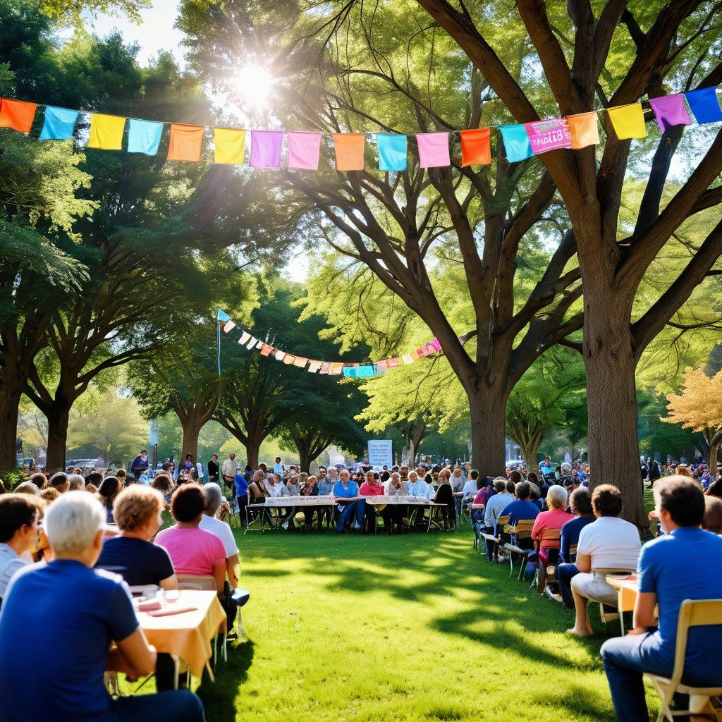 A serene community gathering in a lush park, where diverse individuals of different ages and backgrounds engage in heartfelt conversations, offering support and encouragement to a cancer survivor. In the background, an array of colorful banners promoting hope and resilience sway gently in the breeze. Sunlight filters through the trees, casting a warm glow on the scene, highlighting the bonds of friendship. super-realistic. vibrant colors. peaceful atmosphere.